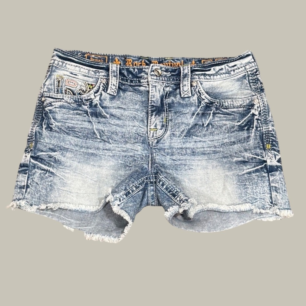 Rock Revival Semah Easy Short Womens 29 Blue Acid Wash Embroidered Denim Shorts